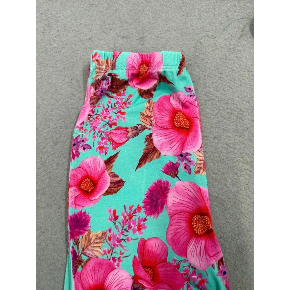 Posh Peanut Girls Pajama Leggings 10Y-12Y Turquoise Pink Hibiscus Pj Bottoms